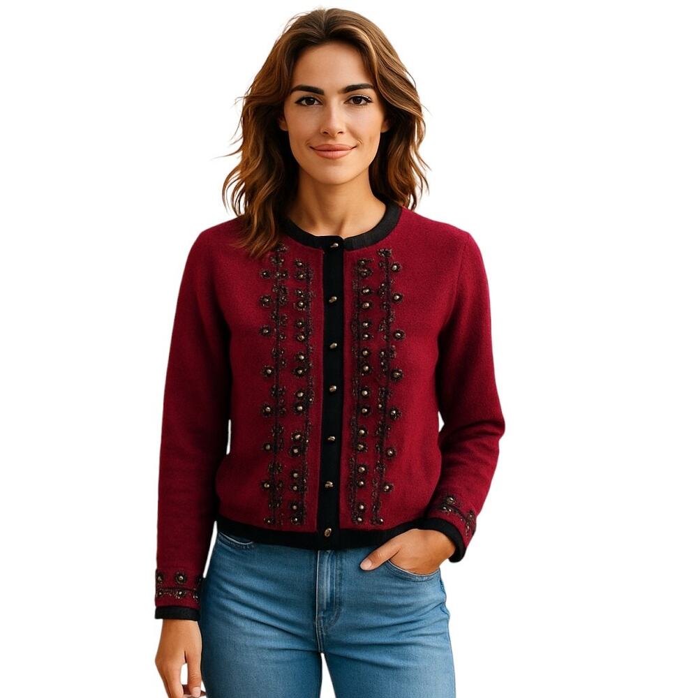 Susan Bristol Red Black Gold Vintage Wool Blend Floral Embroidered Sweater M